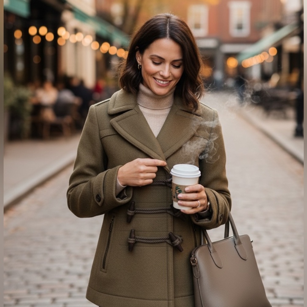 Burberry Brit Olive Pea Coat with Toggle Closures